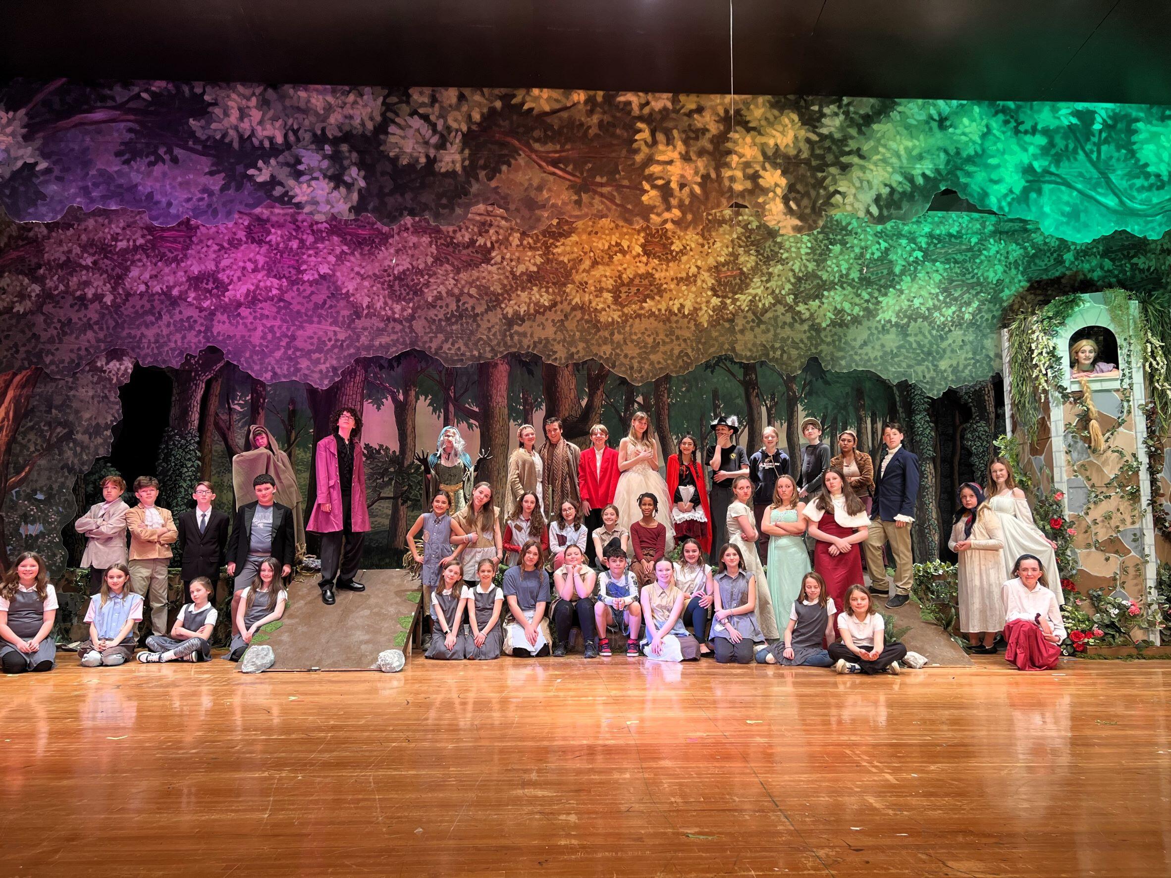 cast for school play, Into the Woods, sitting on stage. backdrop is trees, being lit with red, yellow and green lights