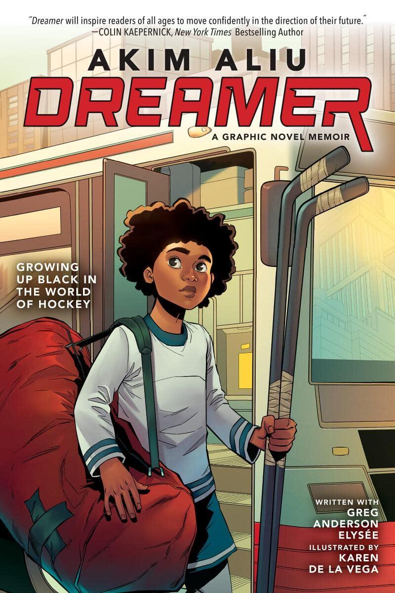 Cover of the book, Dreamer, a graphic novel memoir. Growing up black in the world of hockey. by Akim Aliu. Depicts a teenager carrying a red duffle bag and2 hockey sticks, getting ready to board a bus
