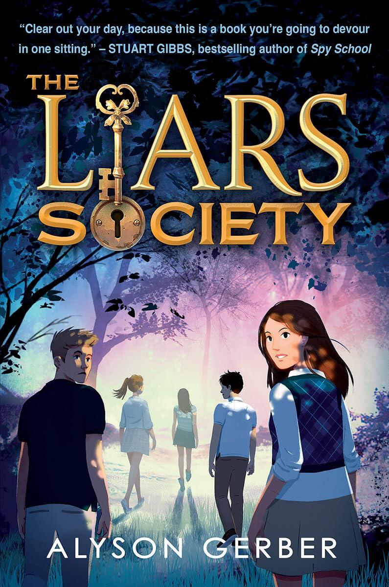 Cover of the book, The Liars Society by Alyson Gerber. Depicts 3 teenagers waling into the woods, one male and one female looking back.
