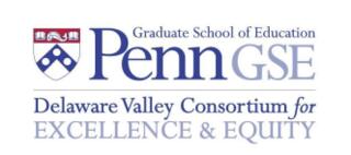 Graphic image displaying the Graduate School of Education Penn GSR and Delaware Valley Consortium for Excellence and Equity.  The Penn Coat of Arms is displayed in red, white, and blue.