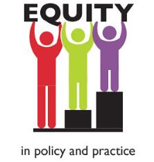 Picture of bright colored people on blocks holding up the word equity with the words in policy and practice at the bottom of the graphic