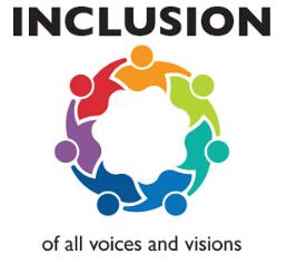Circle of multi-colored people with the words inclusion of all voices and visions