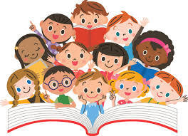 Cartoon photo of many kids looking at one big book