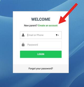 Photo of log in screen. Reads: Welcome, New parent? Create an account. It then has fields to log in with a green login button. Below that it asks, Forgot your password?