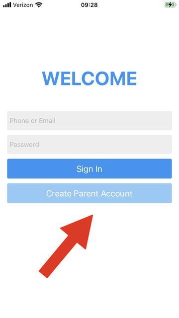 screen shot of mobile app's welcome page. Has a field to log in, or there is a button to create parent account. Arrow shows to click on Create parent account