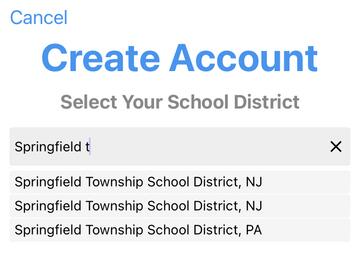 create account page screenshot. Shows a field to input your child's school 