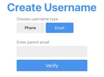 Create username screenshot. shows a choice of either phone or email. it looks like once you click on this, then you input your phone or email address. then click on verify