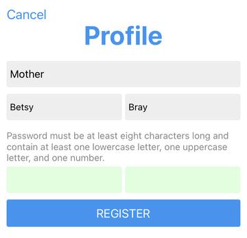 Profile screenshot. has fields for relationship to child, and your first and last names. It then wants you to create a password. it states, Password must be at least 8 characters long and contain at east one lowercase letter, one uppercase letter and one number. It then wants you to type in the password twice
