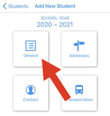 Screenshot of Add New student. it reads Add new student, school year 2020-2021 then there are buttons that say general, addresses, contact and transportation. Arrow is showing to click on general